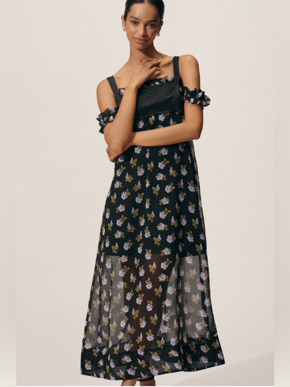 Maeve Square-Neck Sheer Floral MIDI Dress